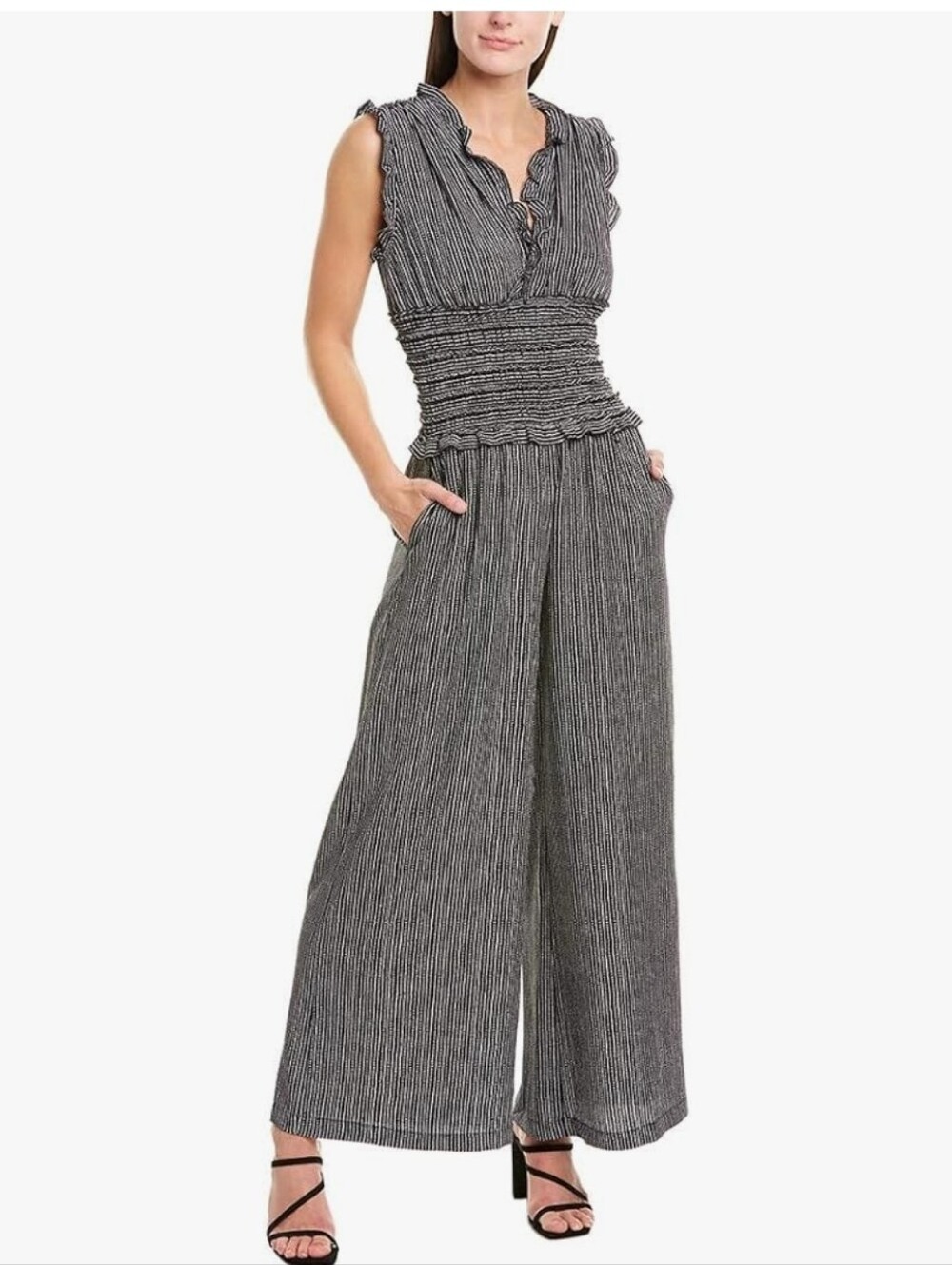 Max Studio Black & White Striped Smocked Wide-Leg Jumpsuit Sz M
